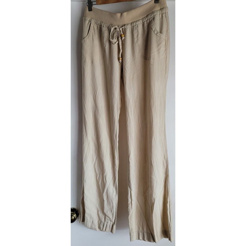 Love Tree Women Pants Large Beige Solid Casual Boho Wide-Leg Trousers